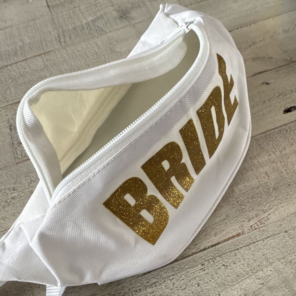 White Waist Pack, BRIDE Fanny Pack Gold Glitter Text, Adjustable Strap - Picture 3 of 3